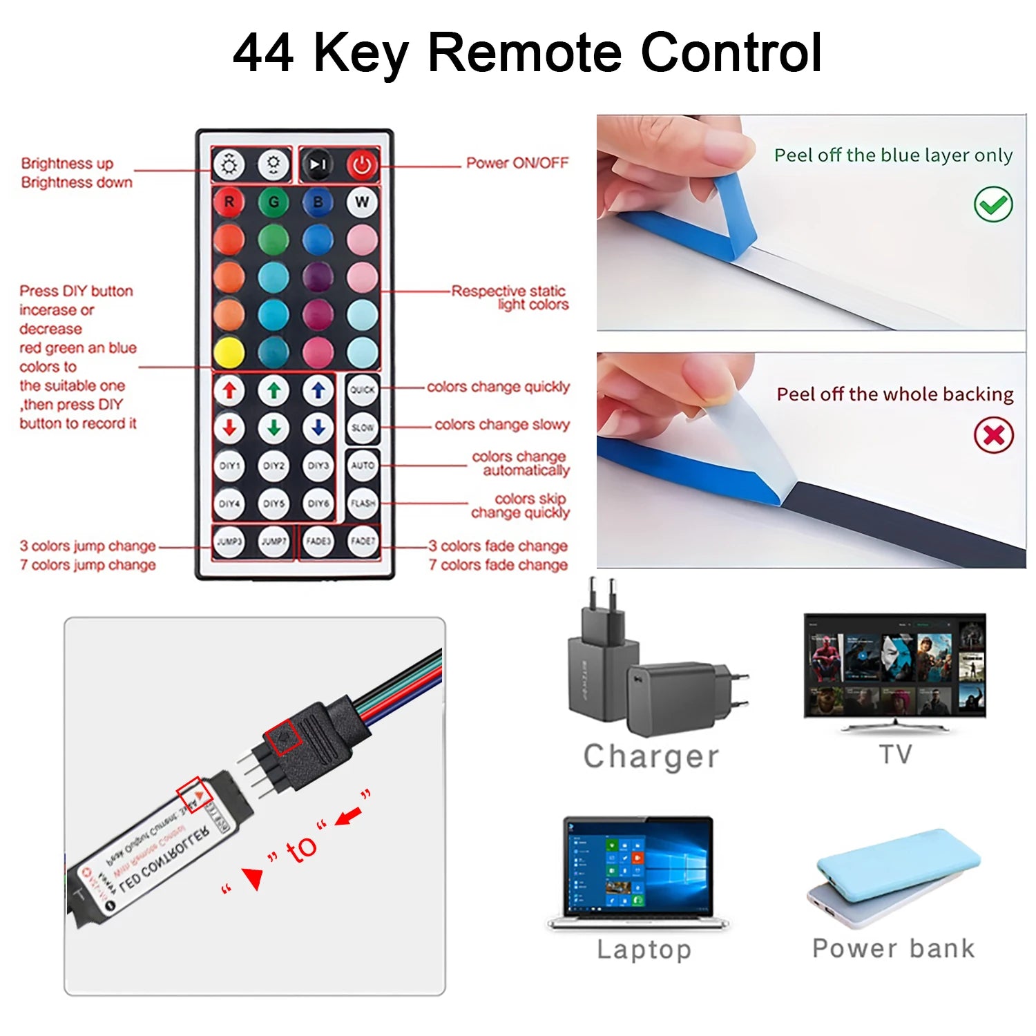 Led Strip Lights with 44 Key Remote Control 1M, 5M, 10M, 20M RGB Tape Led Wall Room for Home Bedroom Party Decor TV Backlight