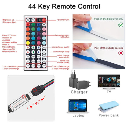 Led Strip Lights with 44 Key Remote Control 1M, 5M, 10M, 20M RGB Tape Led Wall Room for Home Bedroom Party Decor TV Backlight