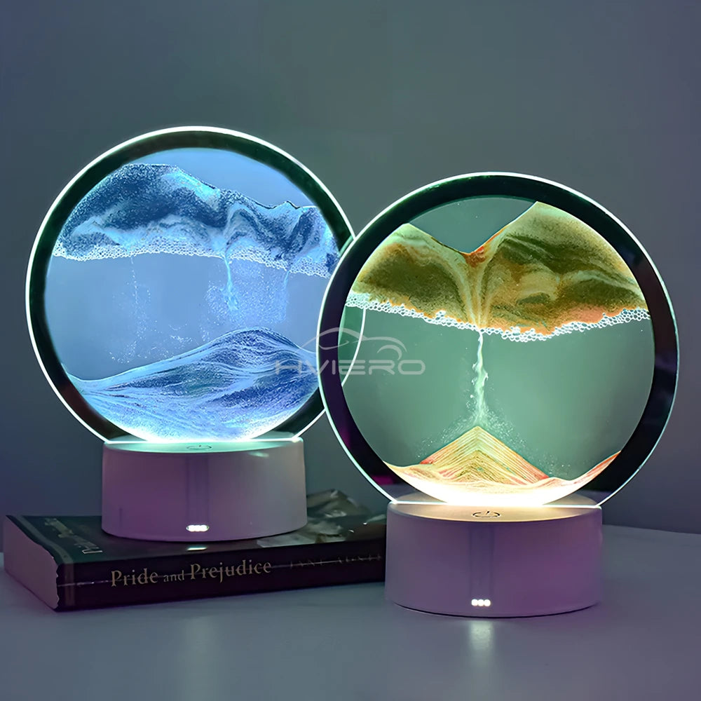 LED Quicksand Light Painted 6-Color Table Lamp 3D Trend Moving Art Circular Glass Hourglass Bedside Home Decoration Nightlight